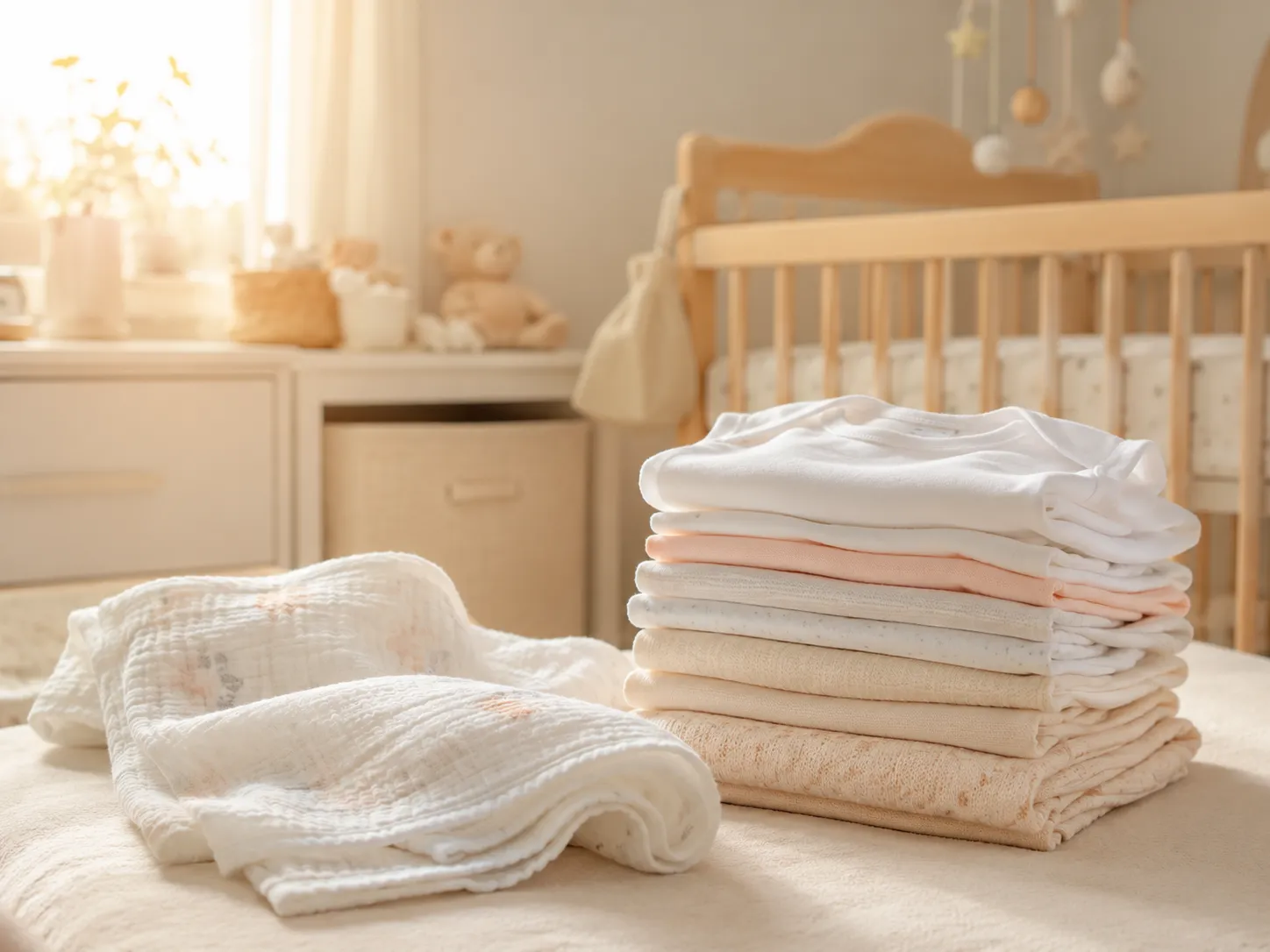 Bộ áo sơ sinh kiểu cài chéo đặt phẳng trên khăn mềm, để lộ đường viền cài chéo và hàng khuy bấm lệch sang một bên