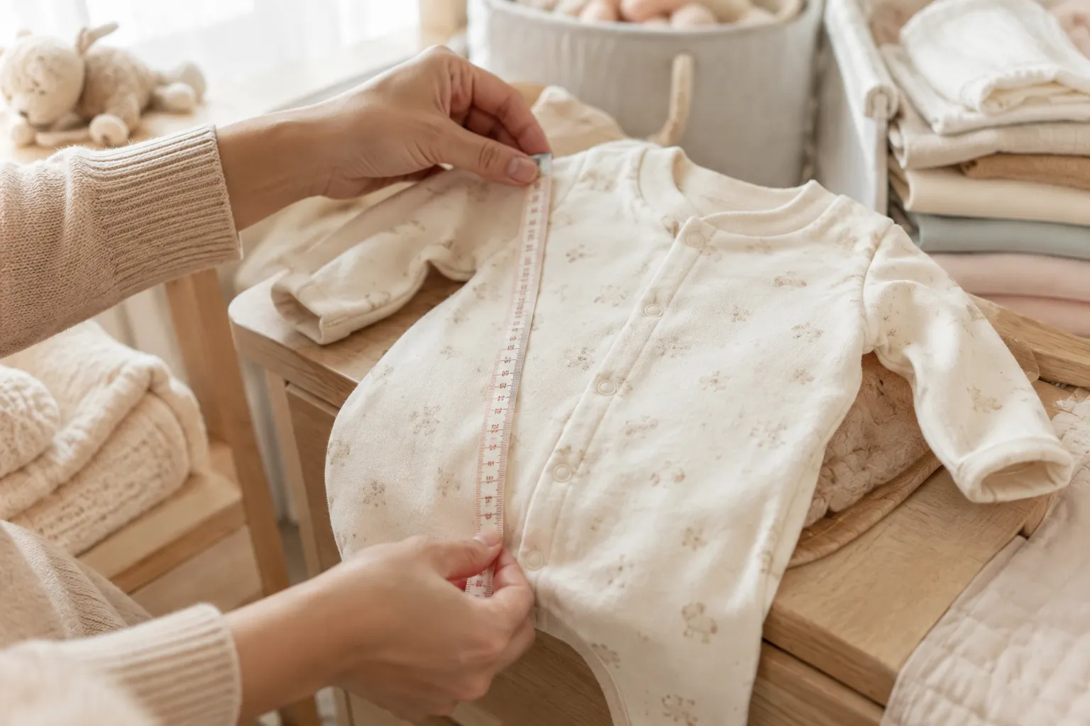 Bàn tay mẹ ướm bộ đồ sơ sinh nhỏ lên thước dây mềm trong phòng bé ấm áp