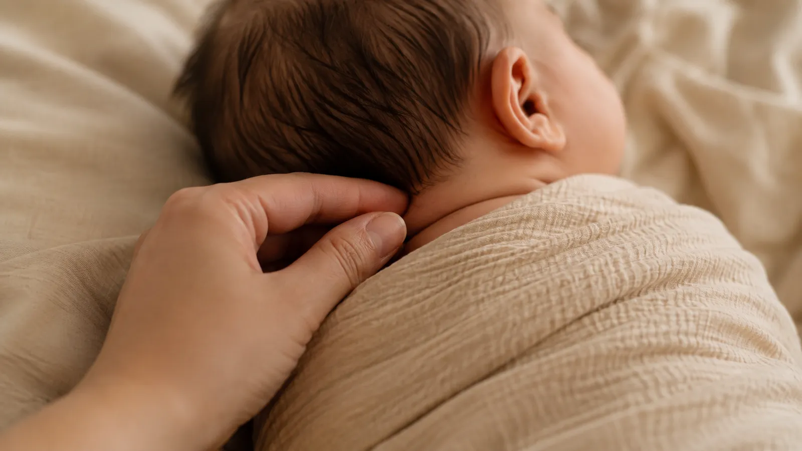 Bàn tay mẹ nhẹ nhàng chạm vào gáy bé đang được quấn ấm để kiểm tra thân nhiệt