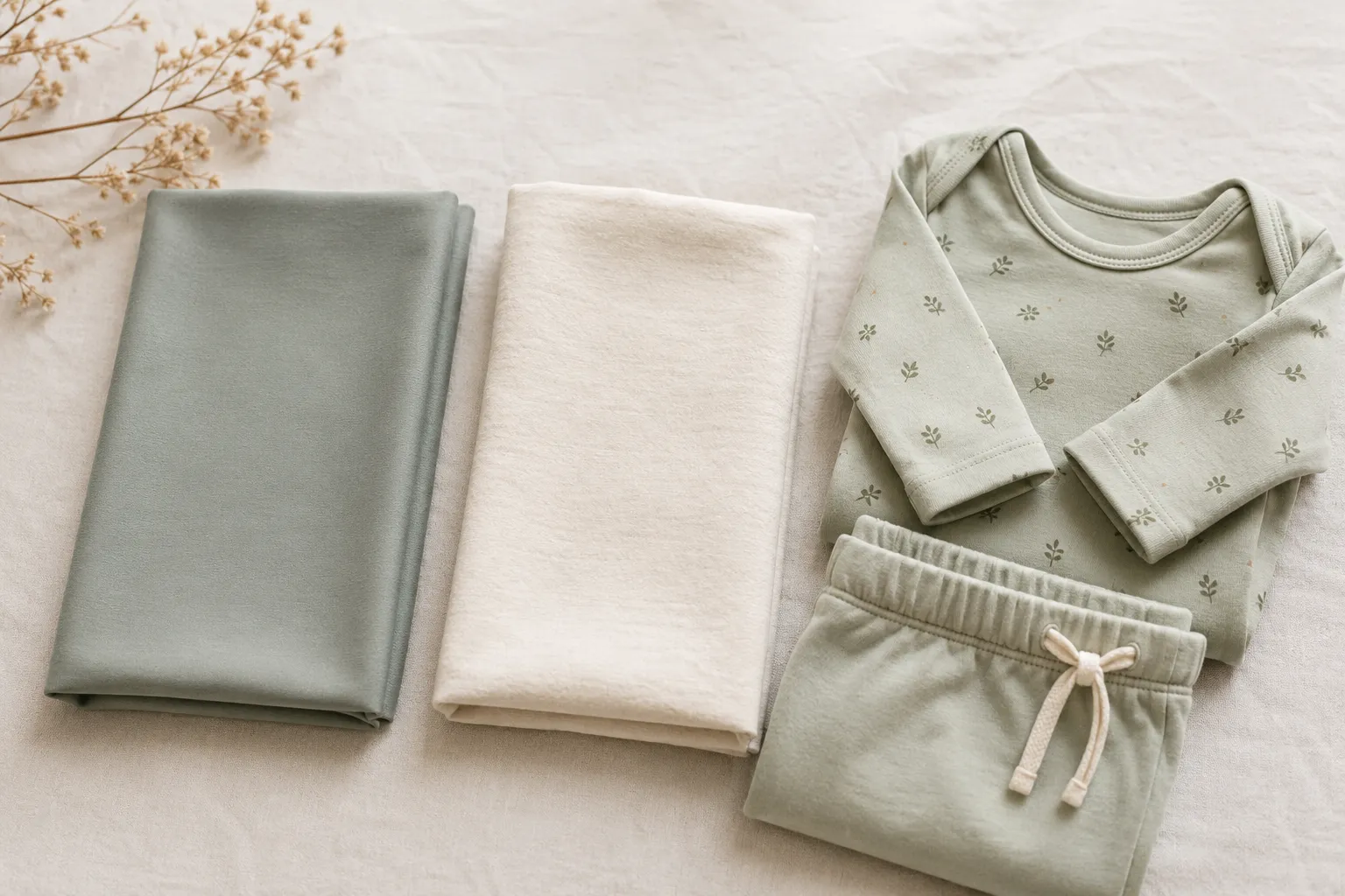 So sánh cận cảnh giữa vải thun lạnh và vải cotton bên cạnh một bộ đồ sơ sinh gấp gọn