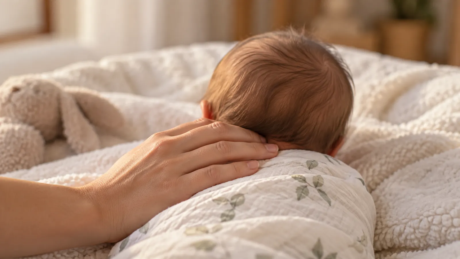 Bàn tay người lớn kiểm tra gáy bé sơ sinh để biết bé đang nóng hay lạnh