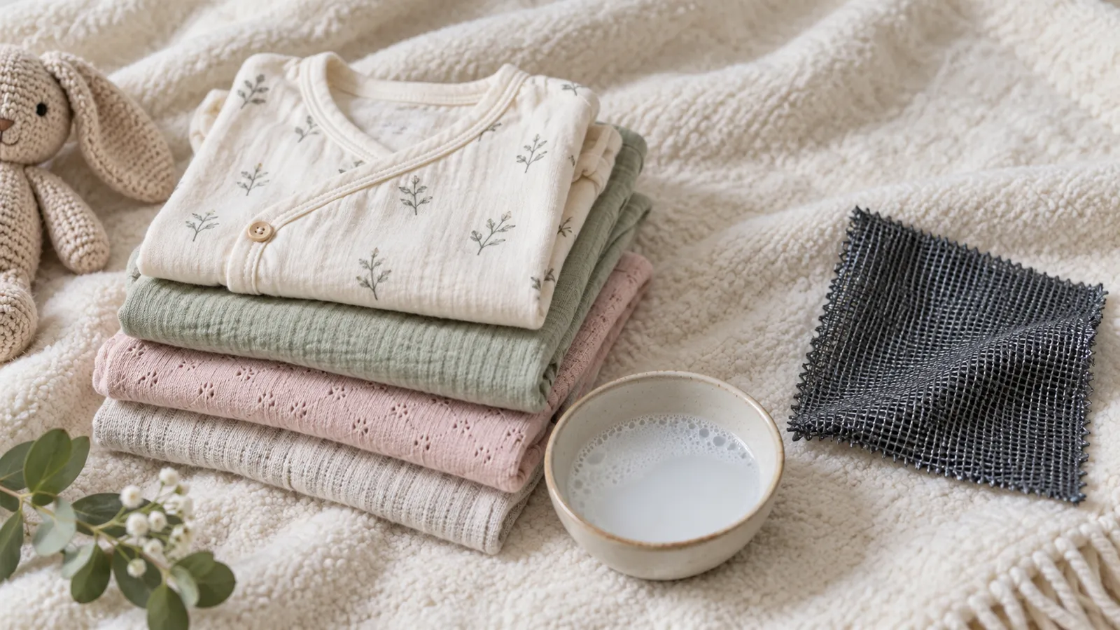 Vải cotton tự nhiên mềm mại đặt cạnh một miếng vải tổng hợp thô cần tránh chạm da bé