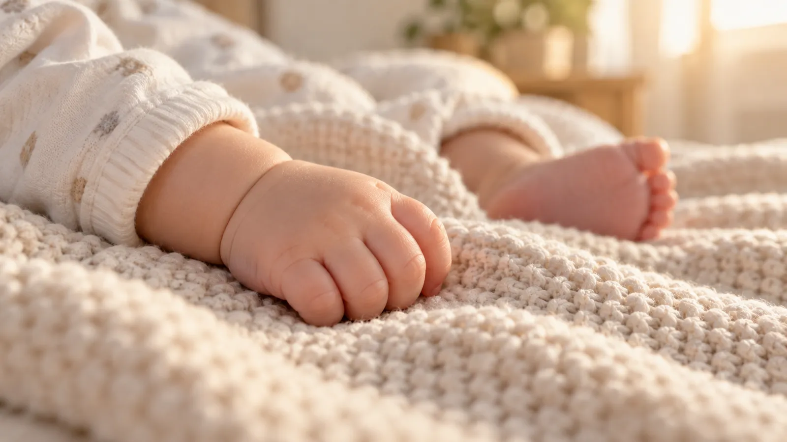 Tay bé sơ sinh đặt nhẹ trên chăn vải dệt nổi ấm áp