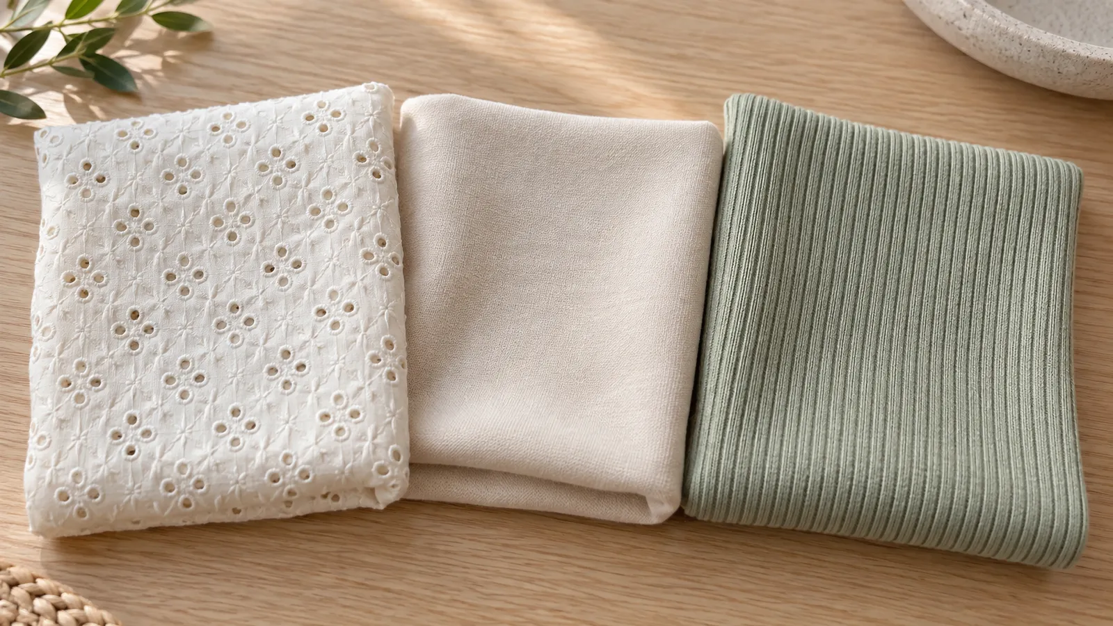 Ba mẫu vải cotton lỗ, Petit và thun lạnh đặt cạnh nhau để so sánh