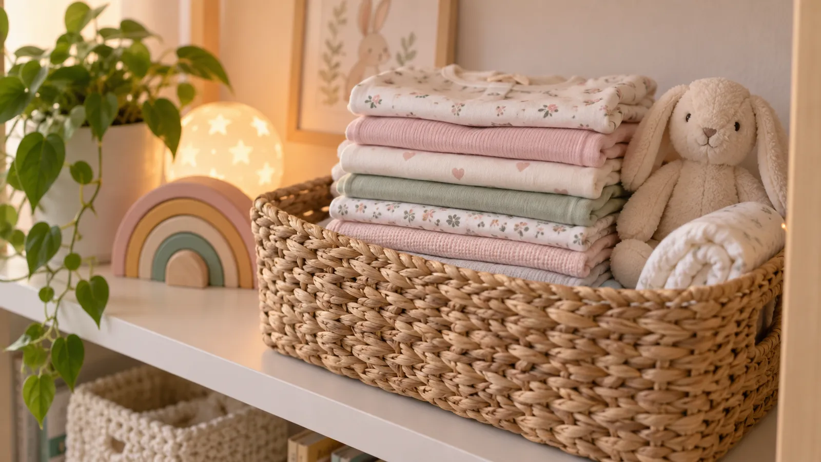 Chồng quần áo sơ sinh gấp gọn trong giỏ đan trên kệ phòng bé