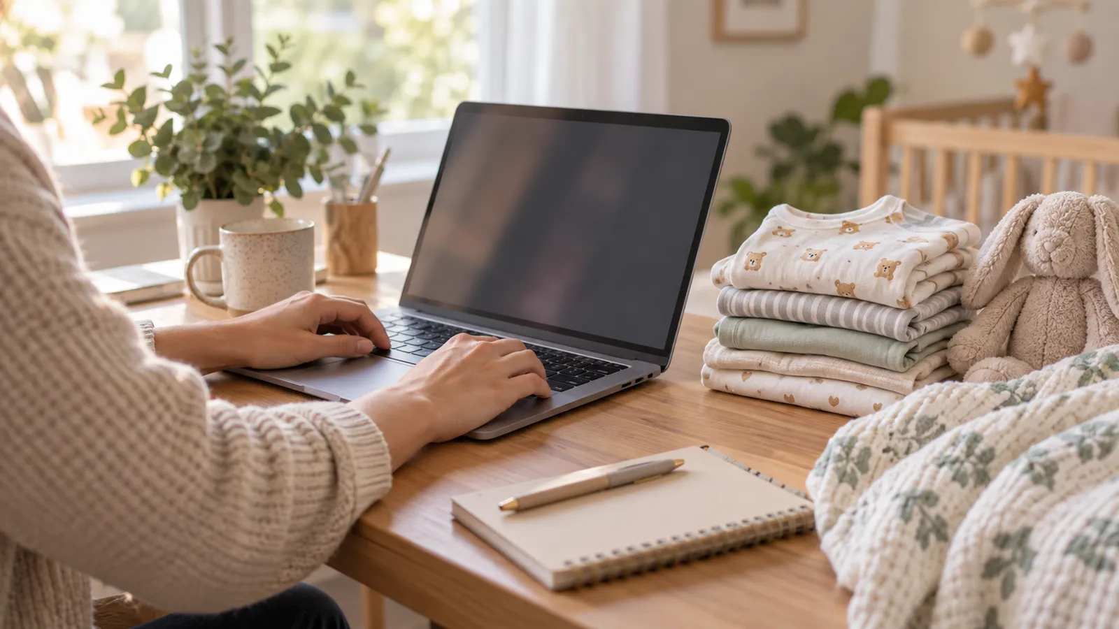 Mẹ dùng laptop so sánh các hãng quần áo sơ sinh bên cạnh chồng đồ gấp gọn
